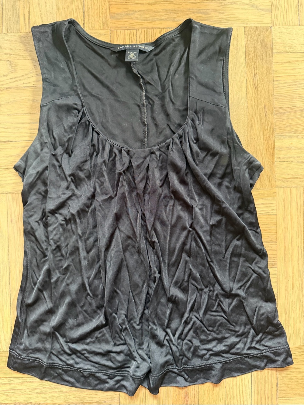 Two Banana Republic Black Sleeveless Pleated Scoop Tank - sleek shiny fabric